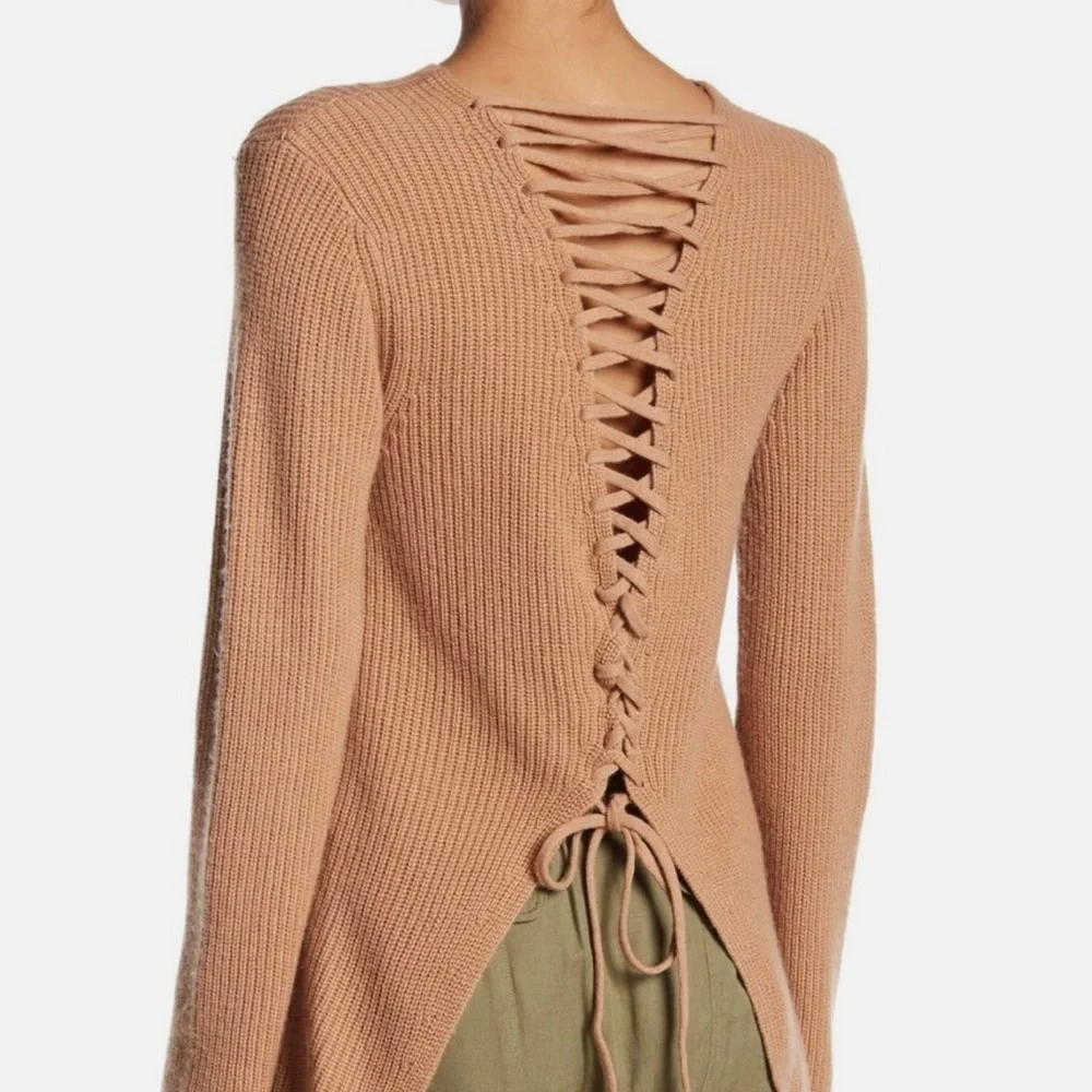 A.L.C. Camel Tan MARKELL Wool Cashmere‎ Lace-Up Back Crewneck Sweater